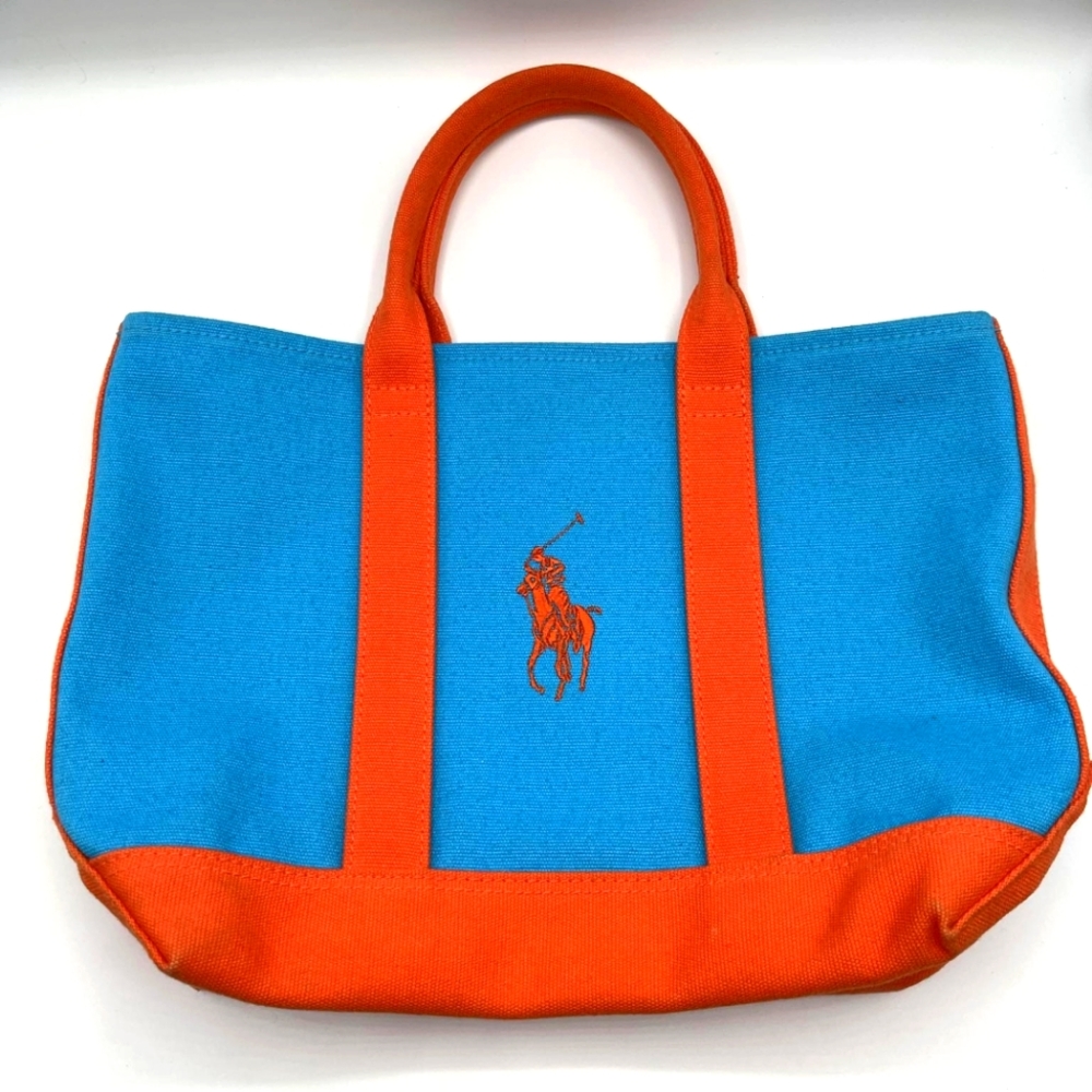 Vintage Ralph Lauren Orange and Blue Small Big Pony Logo Canvas Tote